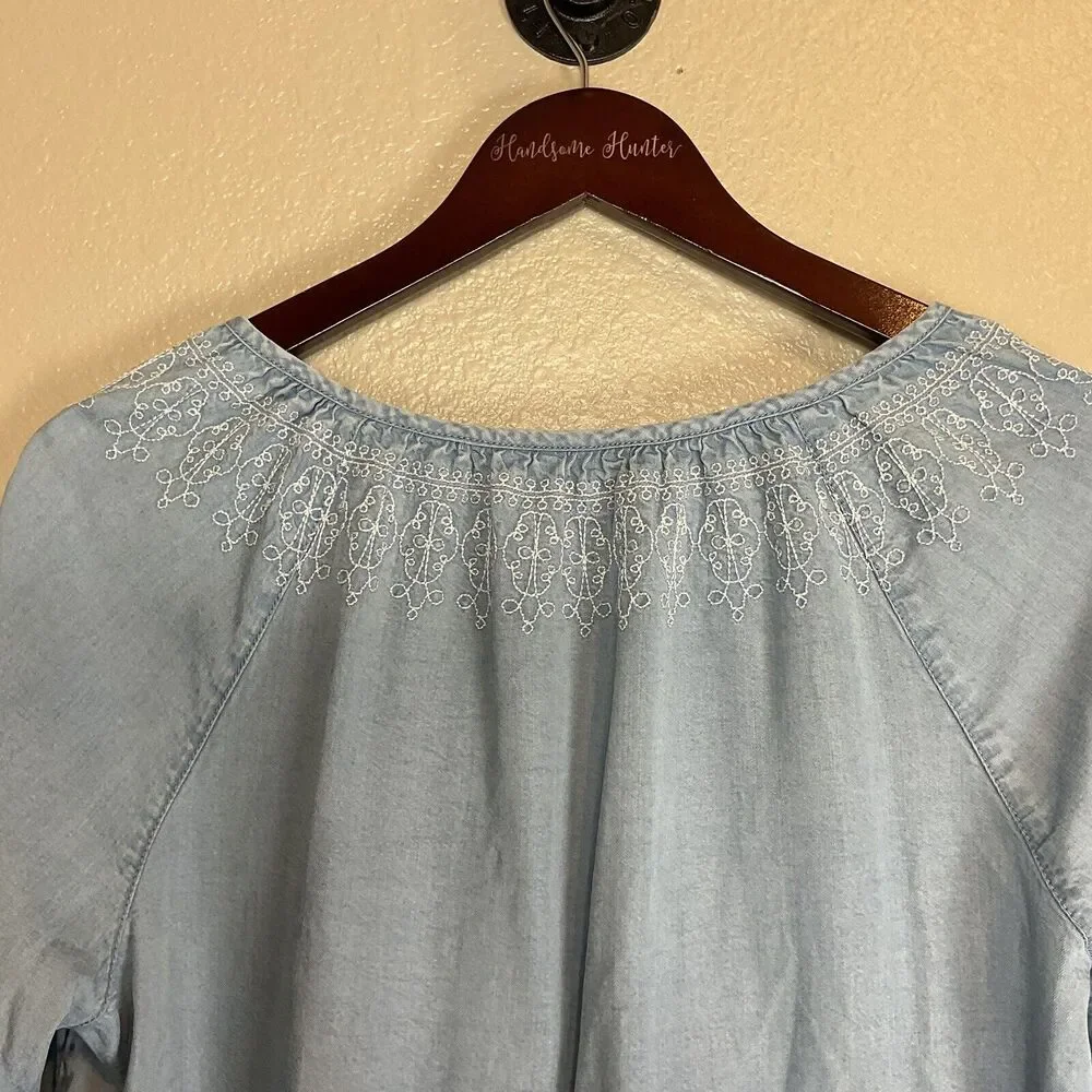 J Jill Denim Womens Chambray Embroidered Top Size M Blue Long Sleeve Tassel Boho - Picture 6 of 10